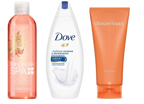 Oriflame Тонизирующий отшелушивающий гель для душа «Шведский SPA салон», Dove Крем-гель «Глубокое питание и увлажнение», Clinique Гель для душа Happy Oriflame Тонизирующий отшелушивающий гель для душа «Шведский SPA салон», Dove Крем-гель «Глубокое питание и увлажнение», Clinique Гель для душа Happy