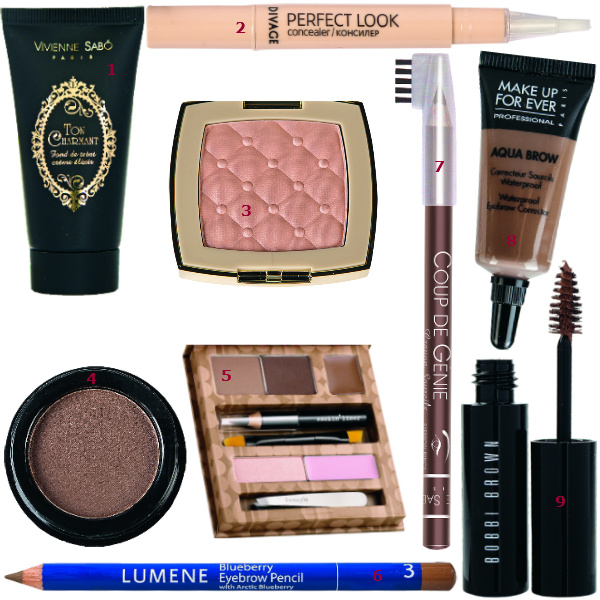 1. Vivienne Sabo Тональный крем Ton Charmant, 195 руб. 2. Divage Консилер Perfect Look, 249 руб. 3. Avon Мерцающая пудра Luxe, 500 руб. 4. Ardell Пудра для бровей с кисточкой, 320 руб. 5. Benefit Набор для бровей Brows a-go-go, 1700 руб. 6. Lumene Контурный карандаш для бровей Blueberry, 299 руб. 7. Vivienne Sabo Карандаш для бровей Coup de Genie, 132 руб. 8. Make Up For Ever Корректор для бровей Aqua Brow, 1790 руб. 9. Bobbi Brown Тушь для бровей Natural Brow Shaper, цена по запросу. 1. Vivienne Sabo Тональный крем Ton Charmant, 195 руб. 2. Divage Консилер Perfect Look, 249 руб. 3. Avon Мерцающая пудра Luxe, 500 руб. 4. Ardell Пудра для бровей с кисточкой, 320 руб. 5. Benefit Набор для бровей Brows a-go-go, 1700 руб. 6. Lumene Контурный карандаш для бровей Blueberry, 299 руб. 7. Vivienne Sabo Карандаш для бровей Coup de Genie, 132 руб. 8. Make Up For Ever Корректор для бровей Aqua Brow, 1790 руб. 9. Bobbi Brown Тушь для бровей Natural Brow Shaper, цена по запросу.