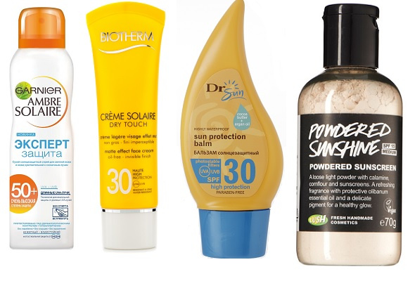 Garnier Солнцезащитный спрей Ambre Solaire SPF 50, Biotherm Солнцезащитный крем SPF 30, Dr.Sun Солцезащитный бальзам SPF 30, LUSH Пудра для тела «Солнечная пудра» SPF 15 Garnier Солнцезащитный спрей Ambre Solaire SPF 50, Biotherm Солнцезащитный крем SPF 30, Dr.Sun Солцезащитный бальзам SPF 30, LUSH Пудра для тела «Солнечная пудра» SPF 15