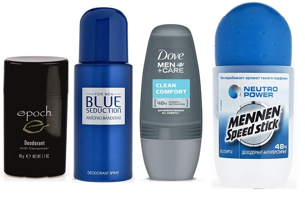 Дезодорант Epoch Citrisomes, Дезодорант-спрей Antonio Banderas Blue Seduction, Антиперспирант Dove men+comfort Clean comfort, Дезодорант-антиперспирант Mennen Speed Stick Neutro power Дезодорант Epoch Citrisomes, Дезодорант-спрей Antonio Banderas Blue Seduction, Антиперспирант Dove men+comfort Clean comfort, Дезодорант-антиперспирант Mennen Speed Stick Neutro power
