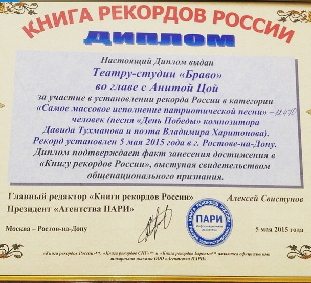 Диплом от Книги рекордов России Диплом от Книги рекордов России