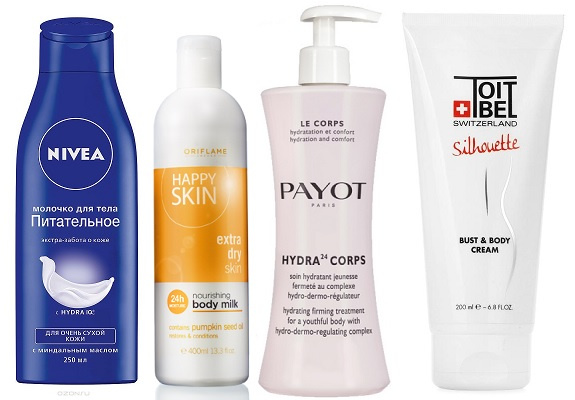 Nivea Молочко для тела питательное, Oriflame Питательное молочко для тела Happy Skin, PAYOT Крем для тела Hydra24 Corps, ToitBel Лосьон для тела Edelweiss Nivea Молочко для тела питательное, Oriflame Питательное молочко для тела Happy Skin, PAYOT Крем для тела Hydra24 Corps, ToitBel Лосьон для тела Edelweiss