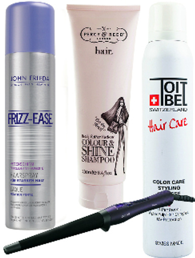 John Frieda Лак для волос Frizz-Ease, 495 руб. Percy & Reed Шампунь Colour & Shine, 850 руб. Toitbel Мусс для волос Hair Care, 350 руб. Philips Шипцы для завивки ProCare HP8619, 2190 (в продаже с сентября)