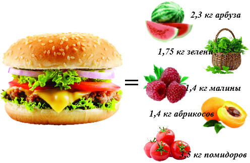 БУРГЕР по праву можно назвать королем калорий. Его энергетическая ценность достигает 700 ккал. А теперь представьте, сколько фруктов и овощей вы могли бы съесть вместо него!