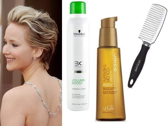 Дженнифер Лоуренс. Schwarzkopf Professional Мусс для укладки Volume Boost, Joico Масло для волос Color Therapy, Oriflame Расческа для волос