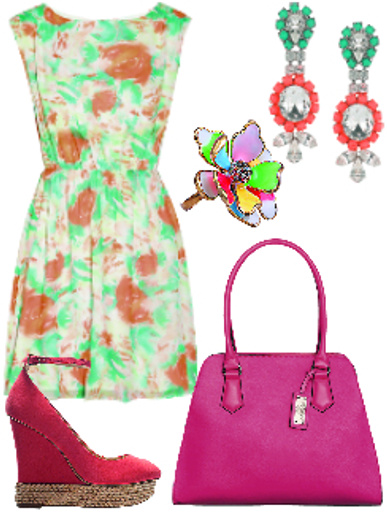 Alice+Olivia Сарафан, 7400 руб. Next Сумка, 1999 руб. Yo_Shop Туфли, 3500 руб. Lady Collection Кольцо, 290 руб. Monsoon Серьги, 700 руб.