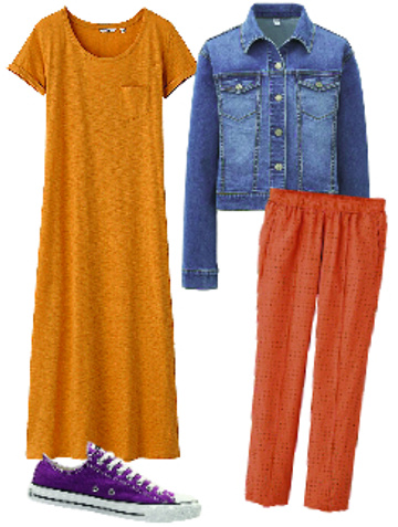 Одежда Uniqlo: Платье, 999 руб. Джинсовая куртка, 1999 руб. Брюки, 999 руб. Кеды Converse, 1780 руб.
