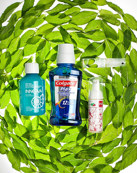Innova Суспензия «Жидкая эмаль», Colgate Plax Ополаскиватель для полости рта комплексная защита, R.O.C.S. Спрей-освежитель, Splat Очищающая пенка для зубов и десен